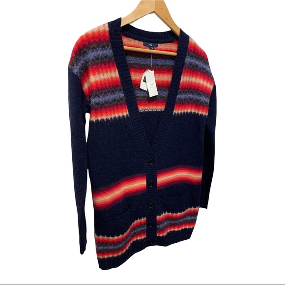 GAP DARK NAVY V-NECK AZTEC BOHO LAMBSWOOL BLEND LS CARDIGAN SWEATER - Picture 8 of 16